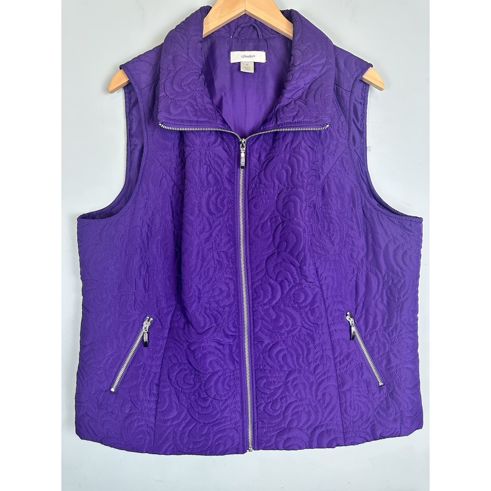 CJ Banks Purple Stitch Quilted Vest 1X Zip Front Sleeveless Jacket Pockets Plus